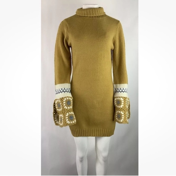 Lulus Dresses & Skirts - Lulus Sz S Its Groovy Crochet Arm Sweater Dress Mustard Yellow Acrylic Retro